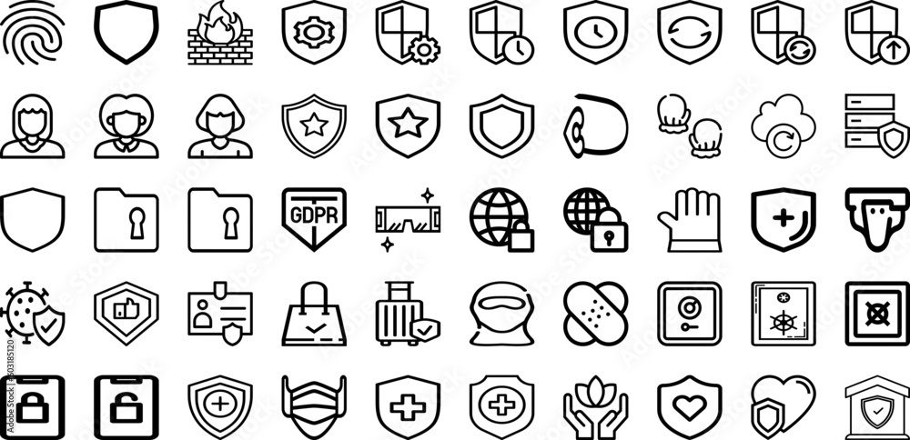 Set Of Protect Icons Collection Isolated Silhouette Solid Icons Including Protection, Protect, Secure, Safety, Shield, Concept, Technology Infographic Elements Logo Vector Illustration