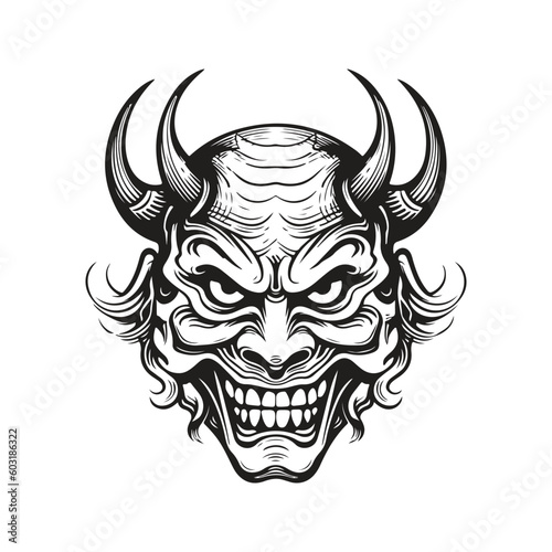hannya japanese theater mask, vintage logo line art concept black and white color, hand drawn illustration