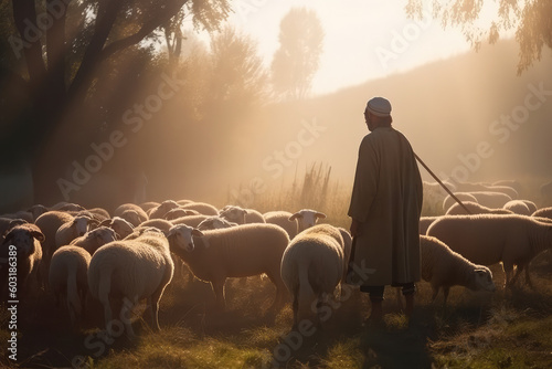 Shepherd Jesus Christ leading the sheep and praying to God and in the field bright sunlight, generative AI