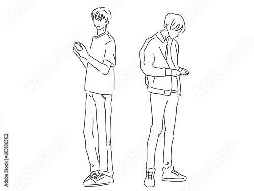 かっこいい男性２人のシンプルな線画／手描きイラスト素材