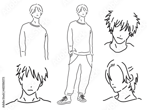 かっこいい男性のシンプルな線画／手描きイラスト素材セット