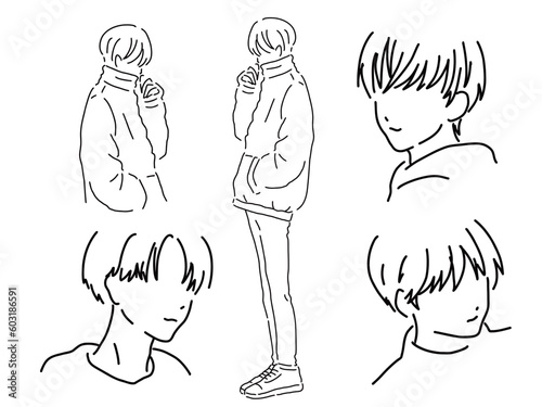 かっこいい男性のシンプルな線画／手描きイラスト素材セット