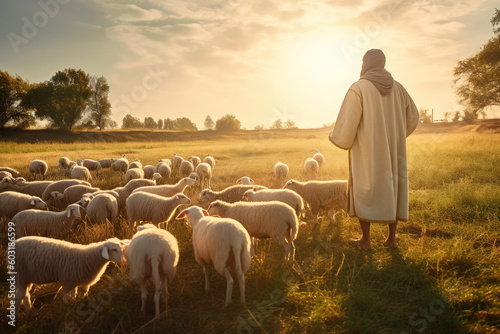 Shepherd Jesus Christ leading the sheep and praying to God and in the field bright sunlight, generative AI