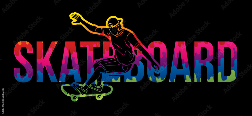 Fototapeta premium Skateboard and Skateboarder Action with Text Font Design Cartoon Graphic Vector