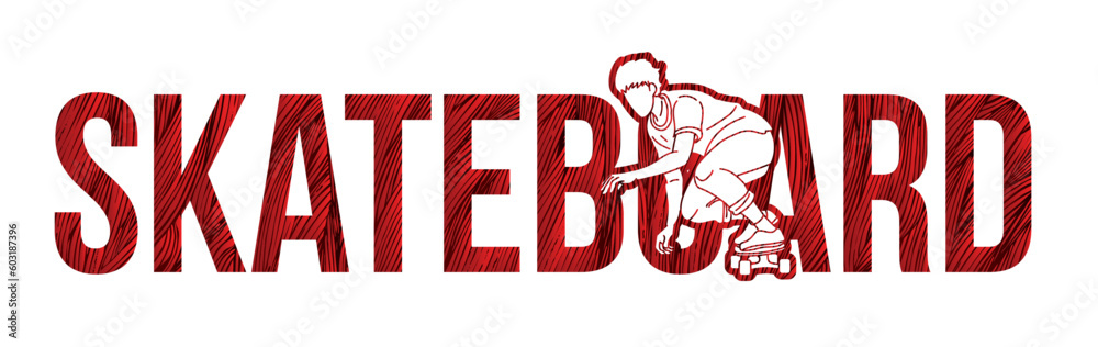 Skateboard and Skateboarder Action with Text Font Design Cartoon Graphic Vector