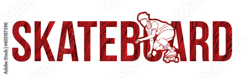 Skateboard and Skateboarder Action with Text Font Design Cartoon Graphic Vector