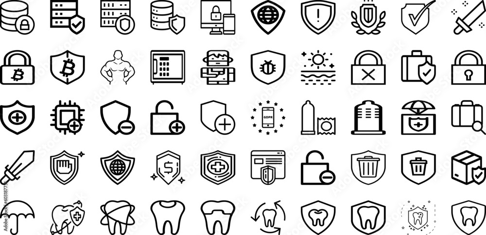 Set Of Protect Icons Collection Isolated Silhouette Solid Icons Including Shield, Protection, Secure, Protect, Concept, Safety, Technology Infographic Elements Logo Vector Illustration