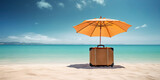 Retro suitcase on sand tropical beach under umbrella with calm blue ocean on background, vacation concept, Generative AI