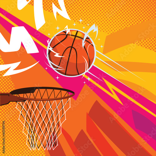 Abstract Comic Basketball Background with Colorful 90's Style and Thunder Illustration with Basketball Field  