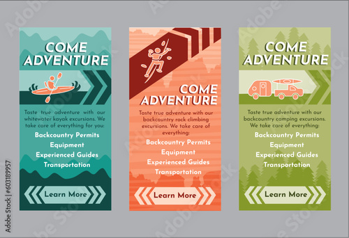 "Come adventure" kayaking, camping, and rock climbing pamphlet, poster or email design template