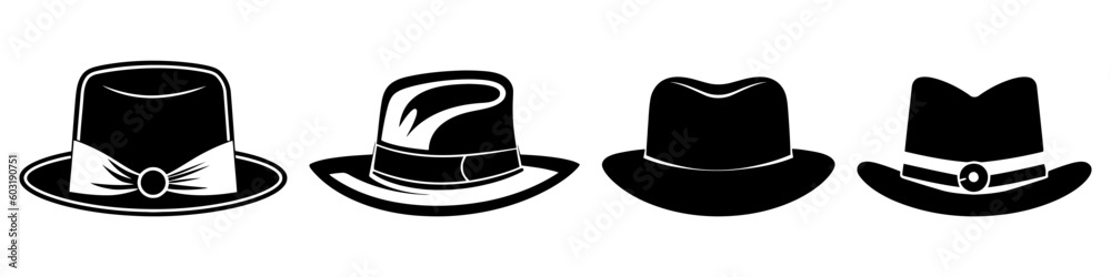 Black vector hat set. Vector logo, icon set isolated on white background Black vector hat set. Vector logo, icon set isolated on white background