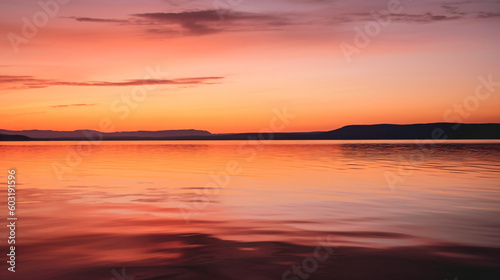 An orange and pink sunset over a lake with mountains in the distance Generative Ai