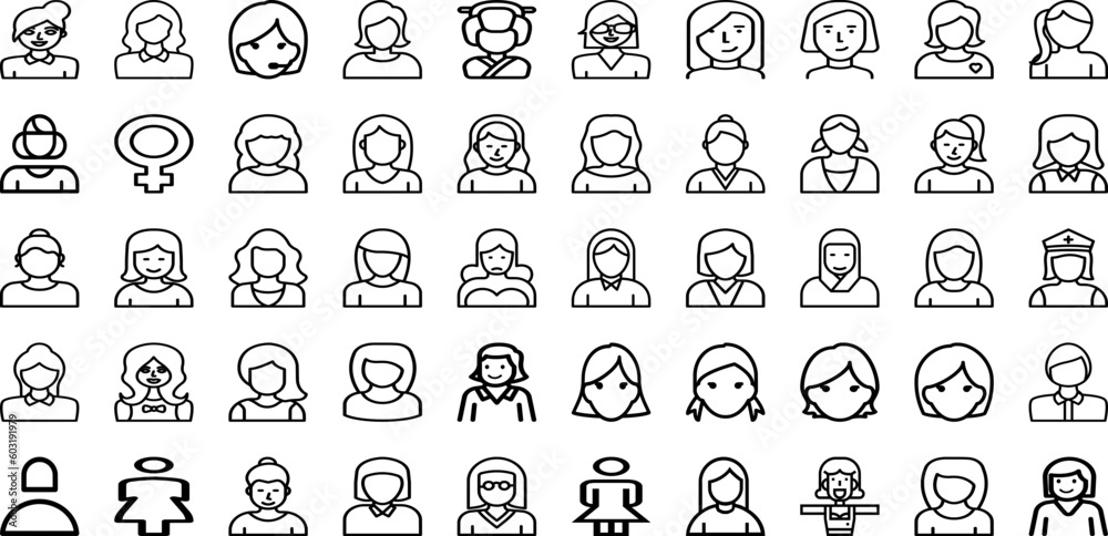 Set Of Female Icons Collection Isolated Silhouette Solid Icons Including Girl, Person, Female, Beautiful, Isolated, Woman, Young Infographic Elements Logo Vector Illustration