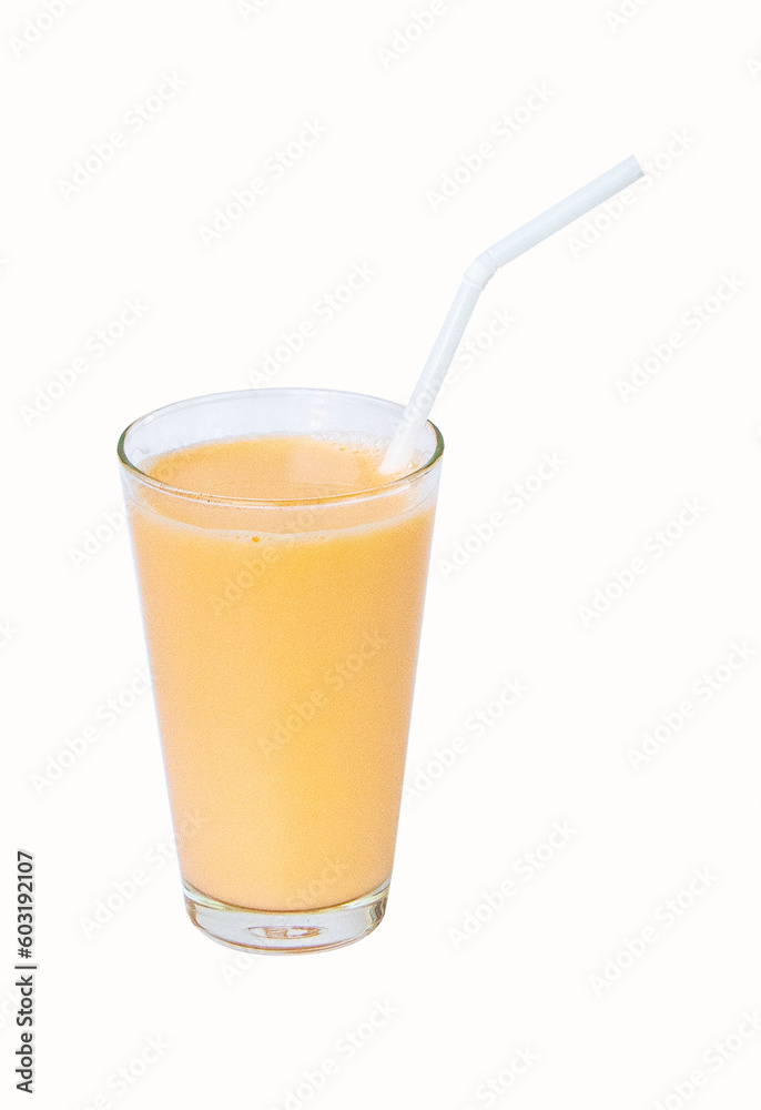Lactic fermentation beverage light orange sour taste in glass tall with straw. Fermented milk vitamin low cholesterol Isolated on white background. Lactobacillus acidophilus improves condition stomach Lactic fermentation beverage light orange sour taste in glass tall with straw. Fermented milk vitamin low cholesterol Isolated on white background. Lactobacillus acidophilus improves condition stomach
