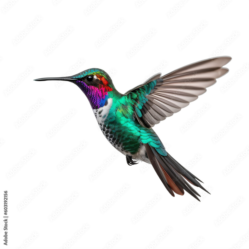 Obraz premium A colorful hummingbird on a transparent background png isolated flying through the air Generative Ai
