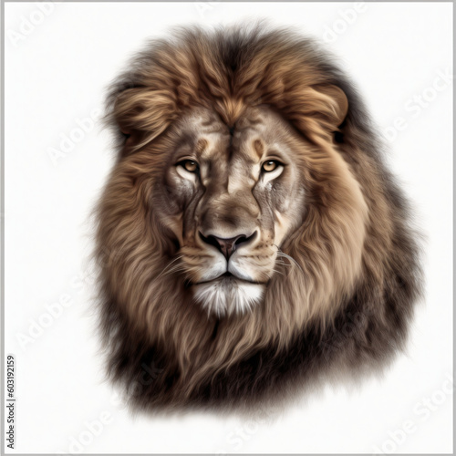A close up of a lion s face on a white background Generative Ai