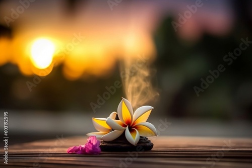 incense with frangipani flower on the wooden table AI Generative