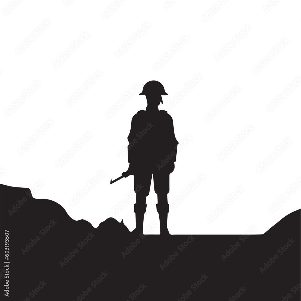 A silhouette of a soldier standing on a hill with a white background. A silhouette of a soldier standing on a hill with a white background.