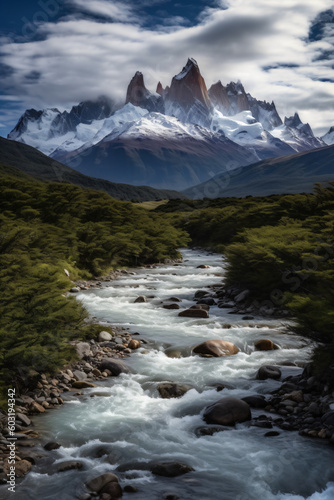 A river running through a lush green forest with mountains in the background Generative Ai