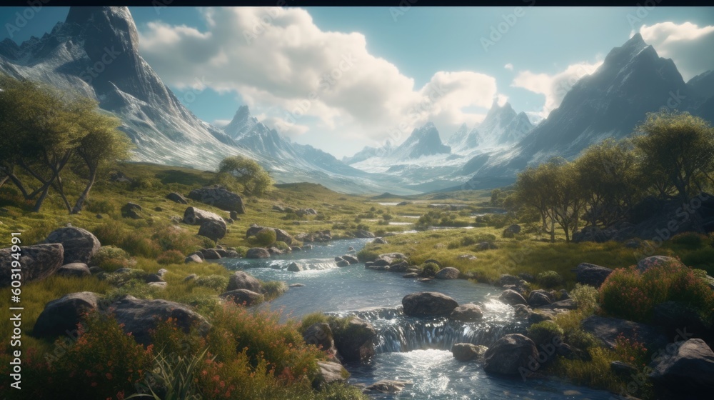 Obraz premium A Beautiful Green Mountain Stream Landscape Wallpaper Generative AI