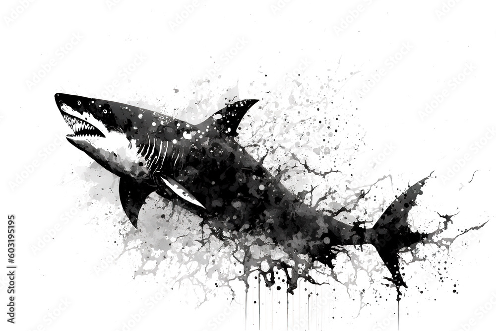 Image of a shark drawing using a brush and black ink on white background.  Sea animals. Illustration, generative AI. Stock Illustration