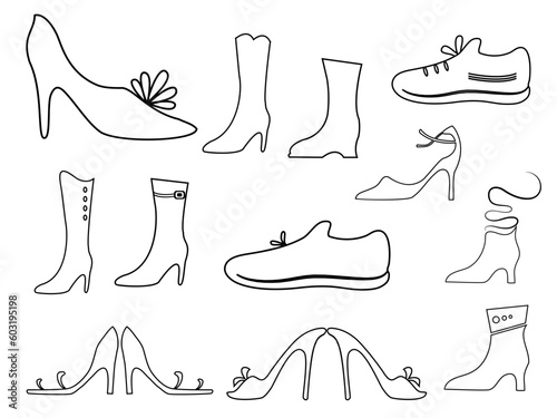 beautiful women's shoes outline vector, footwear design outline vector art, shoes icon,