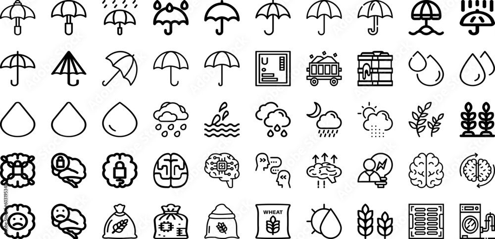 Set Of Rain Icons Collection Isolated Silhouette Solid Icons Including Weather, Background, Rain, Nature, Drop, Water, Wet Infographic Elements Logo Vector Illustration