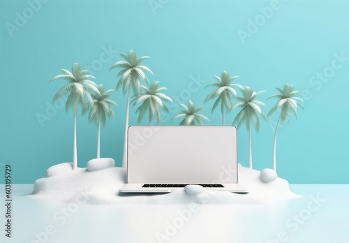 laptop travel computer beach tropical concept tree palm summer vacation. Generative AI.