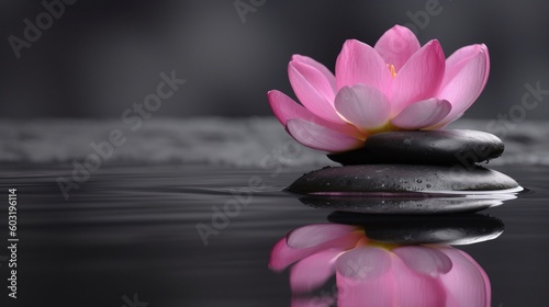 Pink lotus flower and stone with reflection on water AI Generative