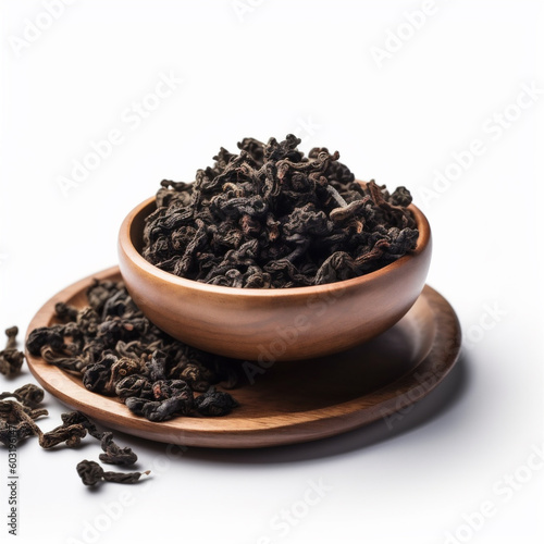 Closeup of Chinese style tea leaves, on a white table