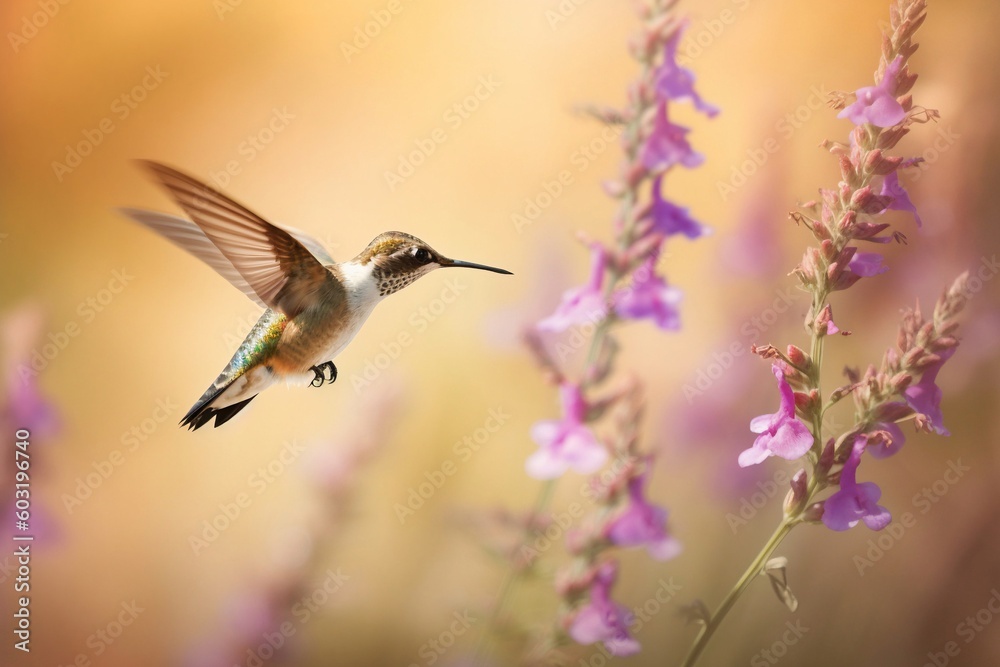 Fototapeta premium Portrait hummingbird flying beside flower AI Generative