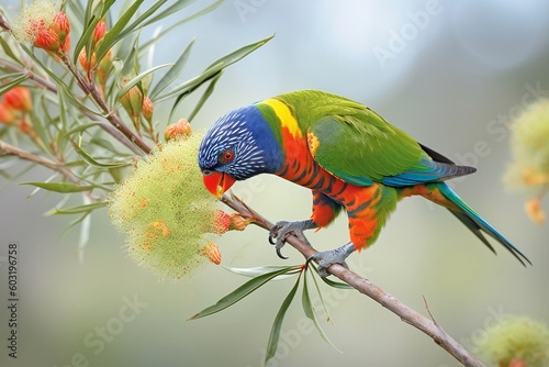 Portrait beautiful macaw eating fruit on branch AI Generative