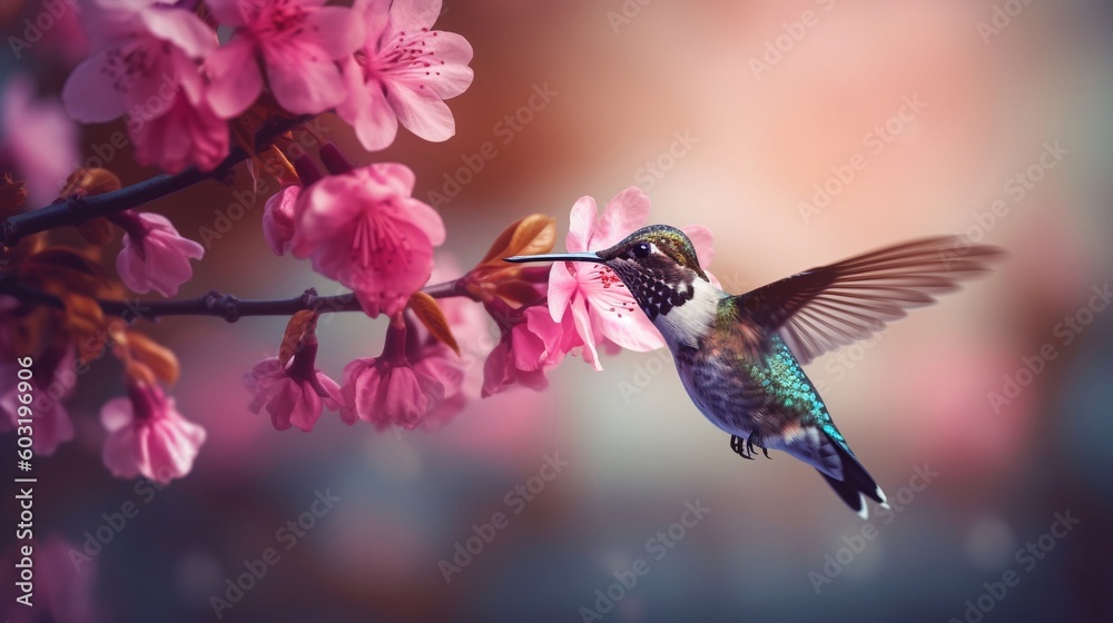 Naklejka premium Portrait hummingbird flying beside flower AI Generative