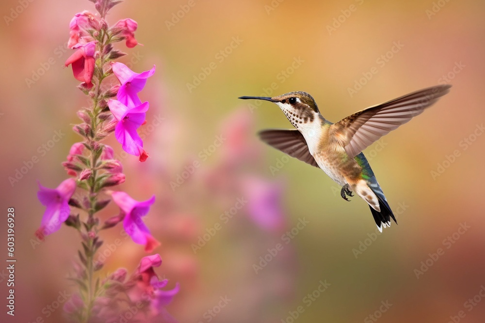 Fototapeta premium Portrait hummingbird flying beside flower AI Generative