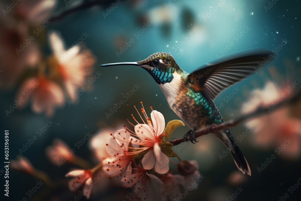 Naklejka premium Portrait hummingbird flying beside flower AI Generative