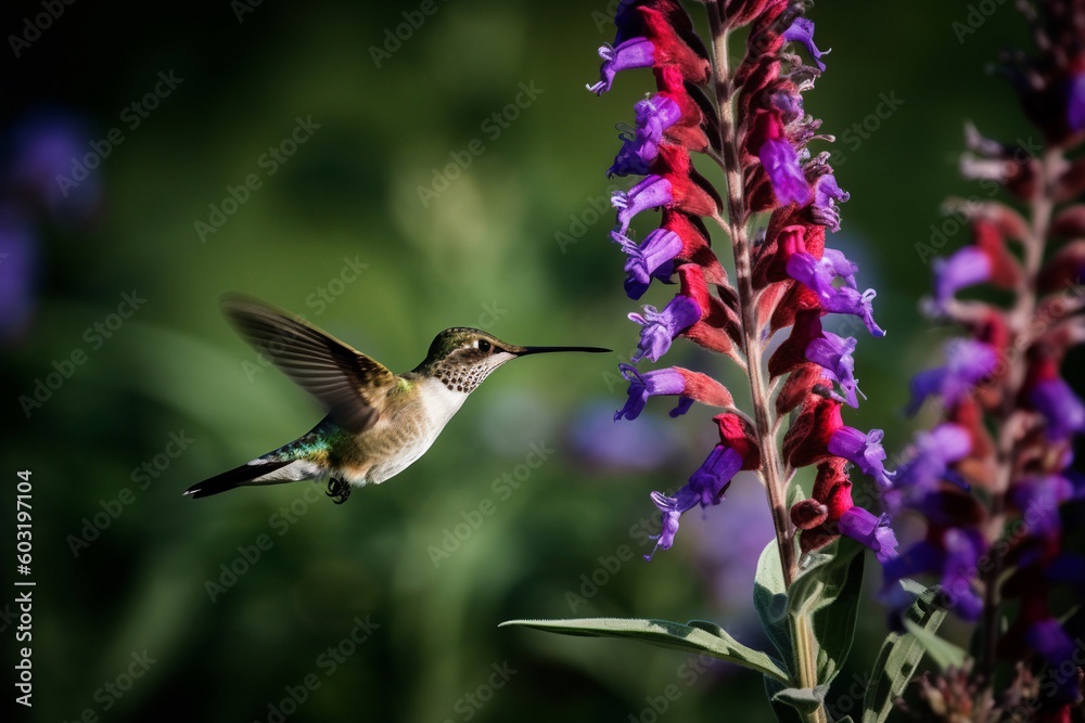 Fototapeta premium Portrait hummingbird flying beside flower AI Generative