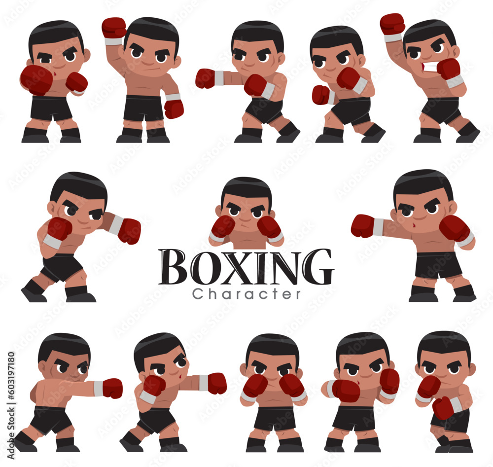 A set of cartoon-style boxing character illustrations displaying various boxing stances, punches, and guard positions. A set of cartoon-style boxing character illustrations displaying various boxing stances, punches, and guard positions.