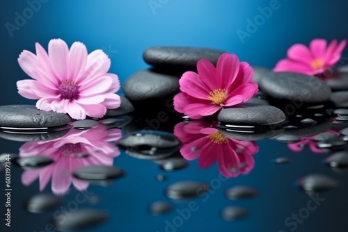 Pink flower with basalt stone on water AI Generative