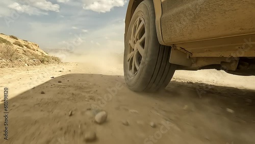 An exciting road adventure. View of the wheels of a dirty SUV car in motion, creating dust. Close-up of a car driving on a dirt rocky road. Traveling by car in Kyrgyzstan.