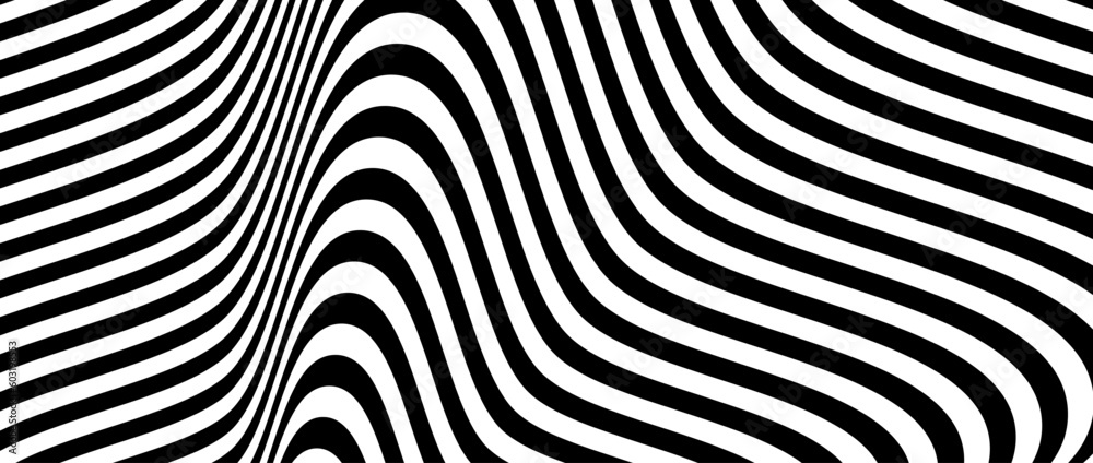 Optical illusion background. Black and white abstract spinning distorted lines surface. Poster design. Torsion spiral illusion wallpaper. Vector illustration