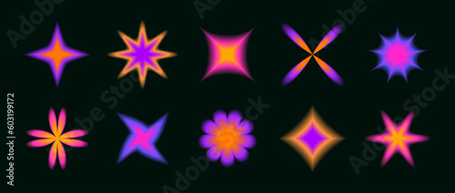 Y2k soft neon gradient flowers and stars set. Blurred flower aura collection. Colorful abstract trendy elements for logo, templates, badges, stickers, collages. Vector pack  photo