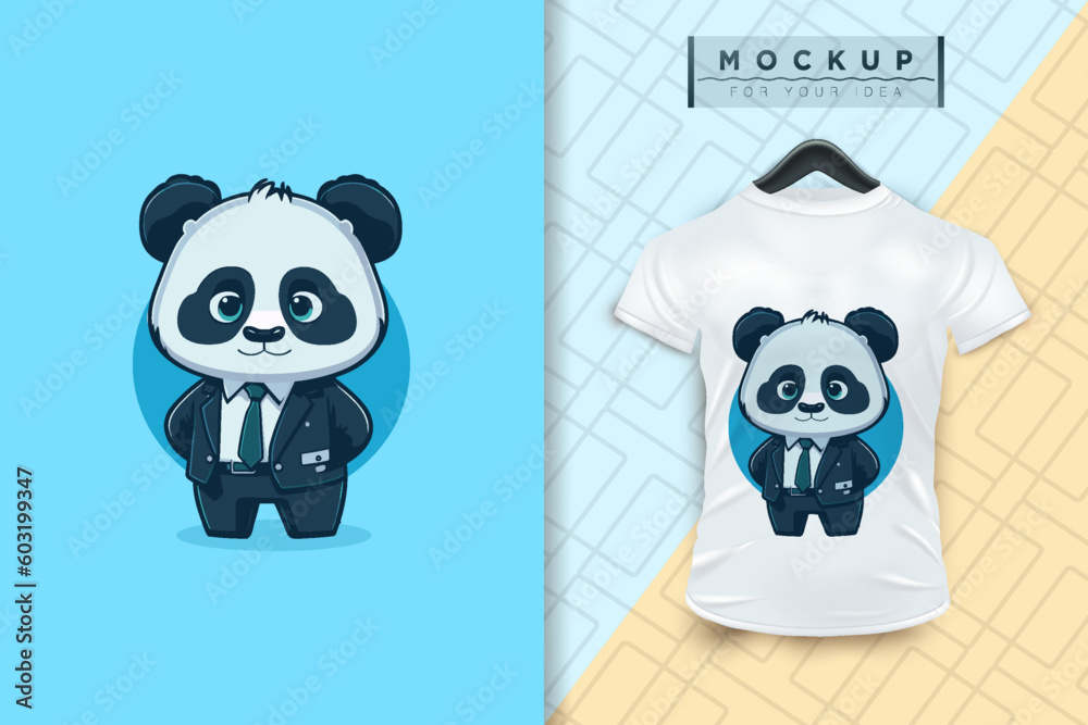 A Panda  wearing a uniform like an office worker and a businessman in flat cartoon character design, vector mascot animal nature icon concept isolated premium illustration for logo, sticker, t-shirt.