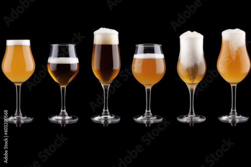 Set of many beer glasses with different beer isolate on black background.