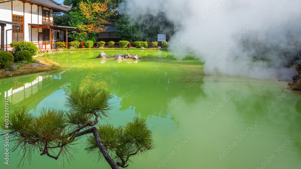 Beppu, Japan - Nov 25 2022: Shiraike Jigoku hot spring in Beppu, Oita. The town is famous for its onsen (hot springs). It has 8 major geothermal hot spots, referred to as the 