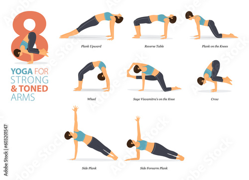 8 Yoga poses or asana posture for workout in Strong arms concept. Women exercising for body stretching. Fitness infographic. 