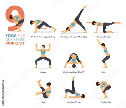 9 Yoga poses or asana posture for workout in Quick core workout concept. Women exercising for body stretching. Fitness infographic.