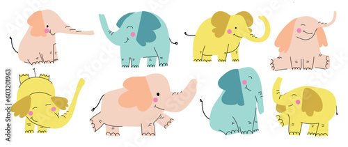 Set of cute elephants vector. Adorable wild life elephant in different poses, happy, sitting, and decorative elements. Happy wild animals illustration design for education, kids, poster, stickers.