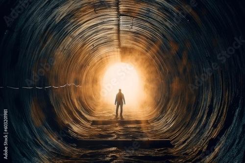 A tired man in tattered clothes finds solace in a new beginning. As he walks through the tunnel, he is greeted by a beam of light, symbolizing release and hope. Generative AI