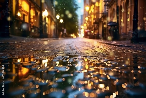 Captivating stillness amid rain showers on a serene  empty street. Time seems to pause as small  crystal-clear raindrops create a magical ambiance from a distance. Generative AI.
