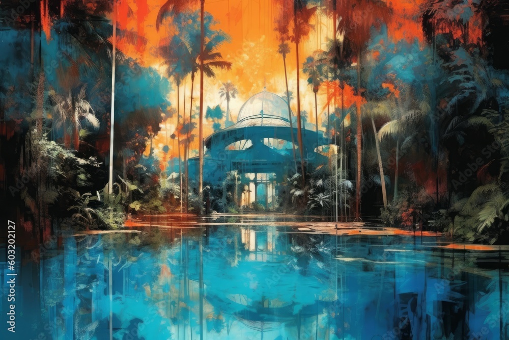 Vivid artistic painting capturing the essence of a tropical paradise in shades of orange and blue. Exquisite blend of colors depicting a captivating and vibrant landscape. Generative AI.